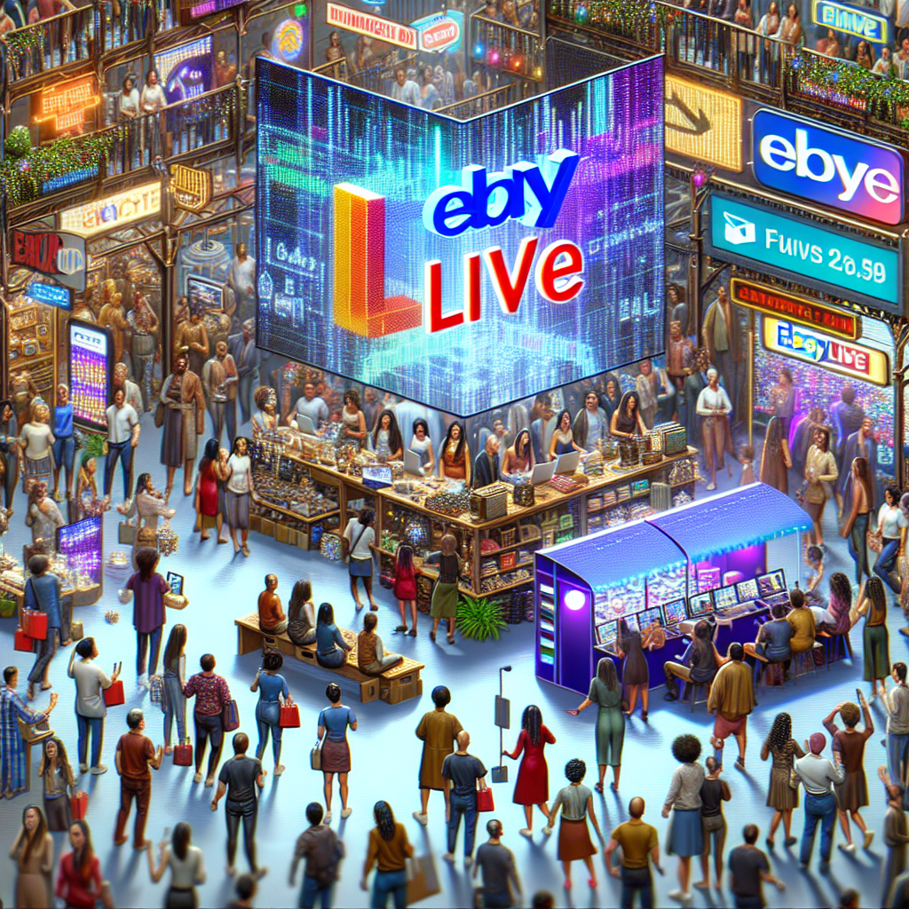 Crowded eBay Live event featuring vibrant displays and diverse attendees engaging in live ecommerce activities.