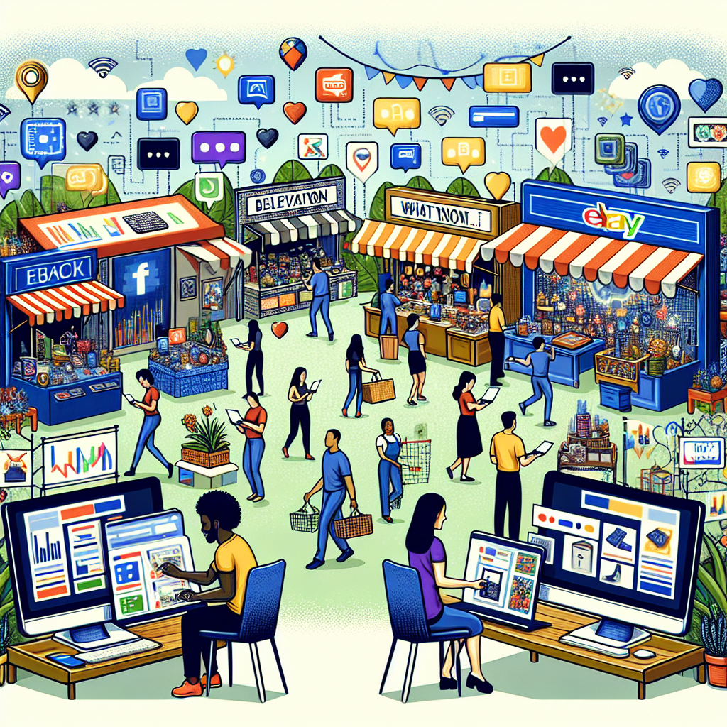 Vibrant digital marketplace illustration showing people using online platforms and interacting in live ecommerce.