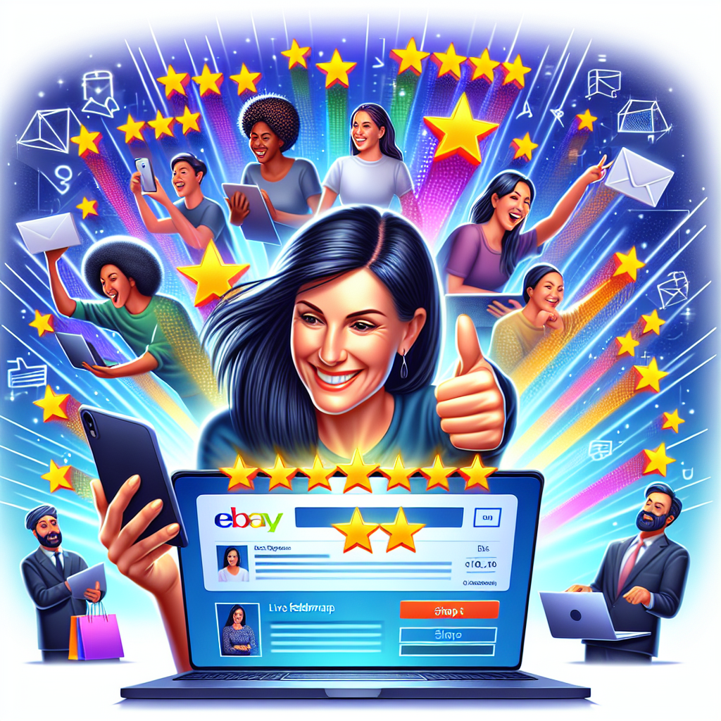 Illustration of diverse people celebrating eBay reviews and high ratings on a laptop screen.