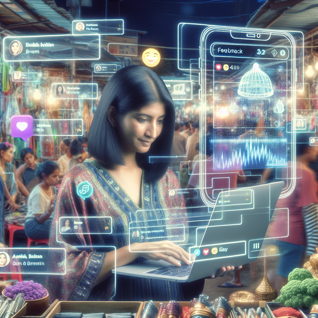 Young woman using a laptop with digital icons in a vibrant market setting, illustrating live ecommerce platforms.