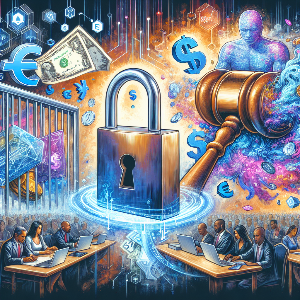 Digital illustration of cybersecurity, financial tech, and legal protection with currency, a lock, and a gavel symbols.